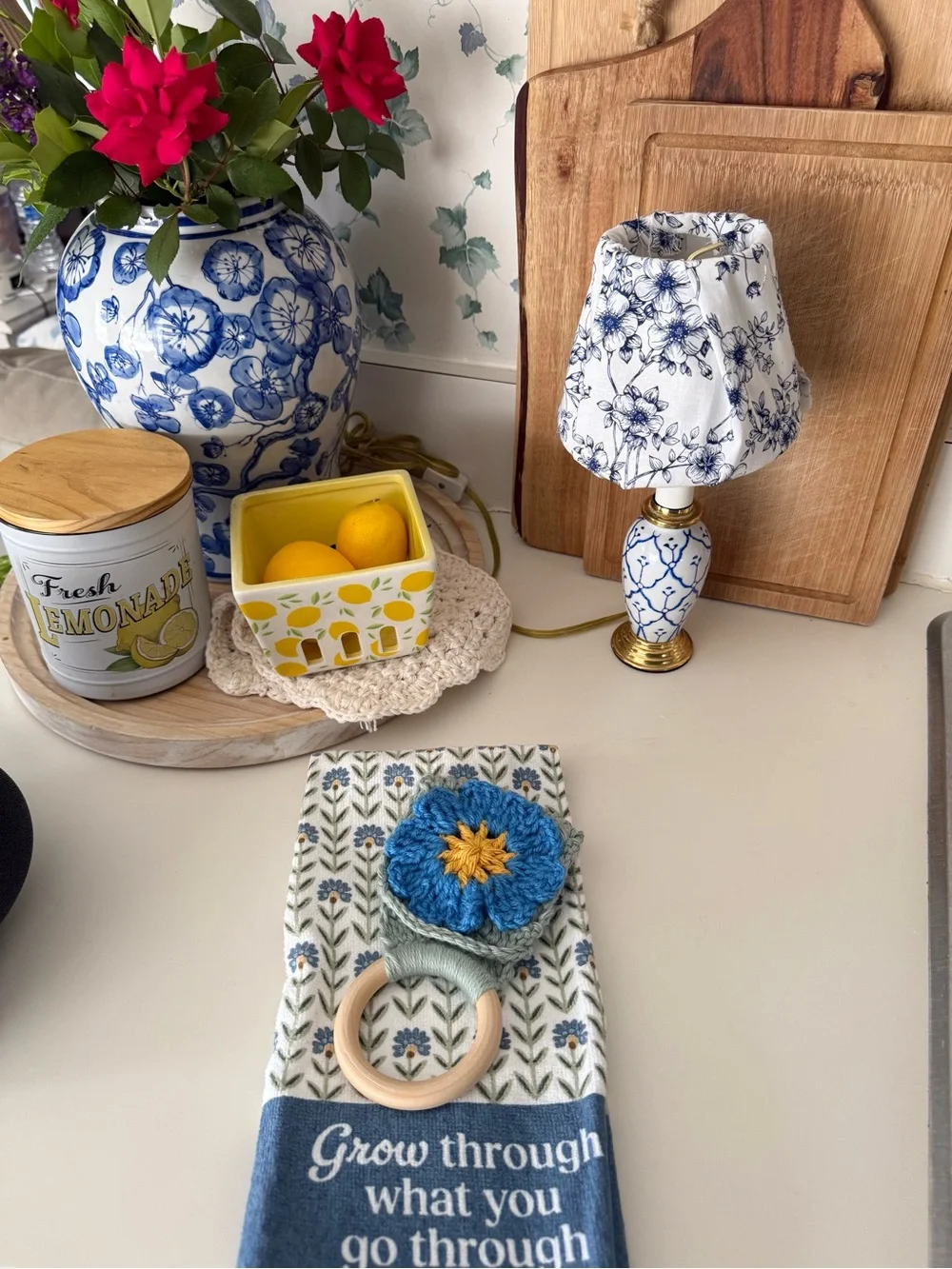 Handmade Blue Floral Kitchen Towel with Wooden Ring Holder - Picture 3 of 5